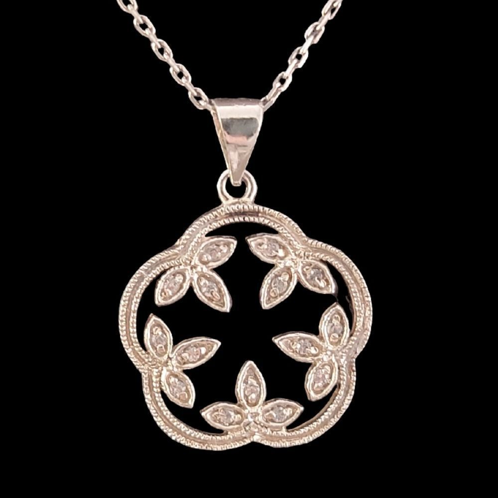 Sterling Silver Openwork Clear Cubic Zirconia Leaf Design Necklace